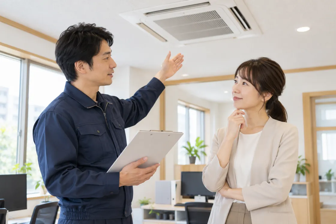 業務用エアコンについて施設担当者と相談するスタッフのイメージ