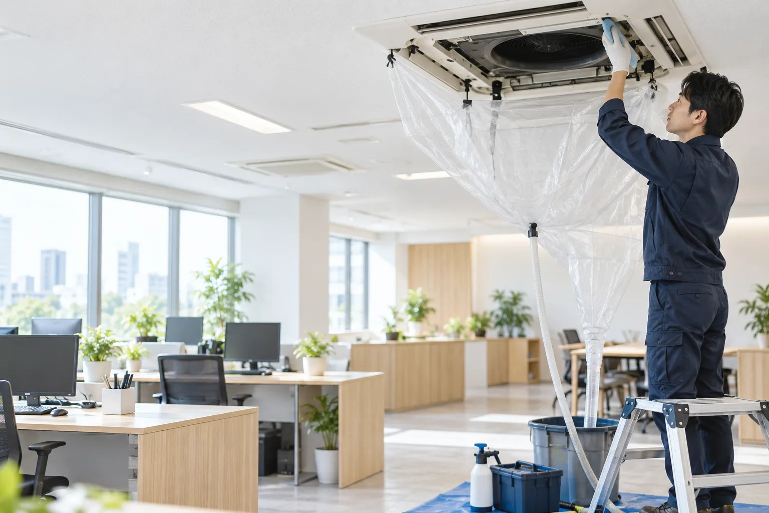 養生した業務用エアコンの手入れをする作業スタッフのイメージ