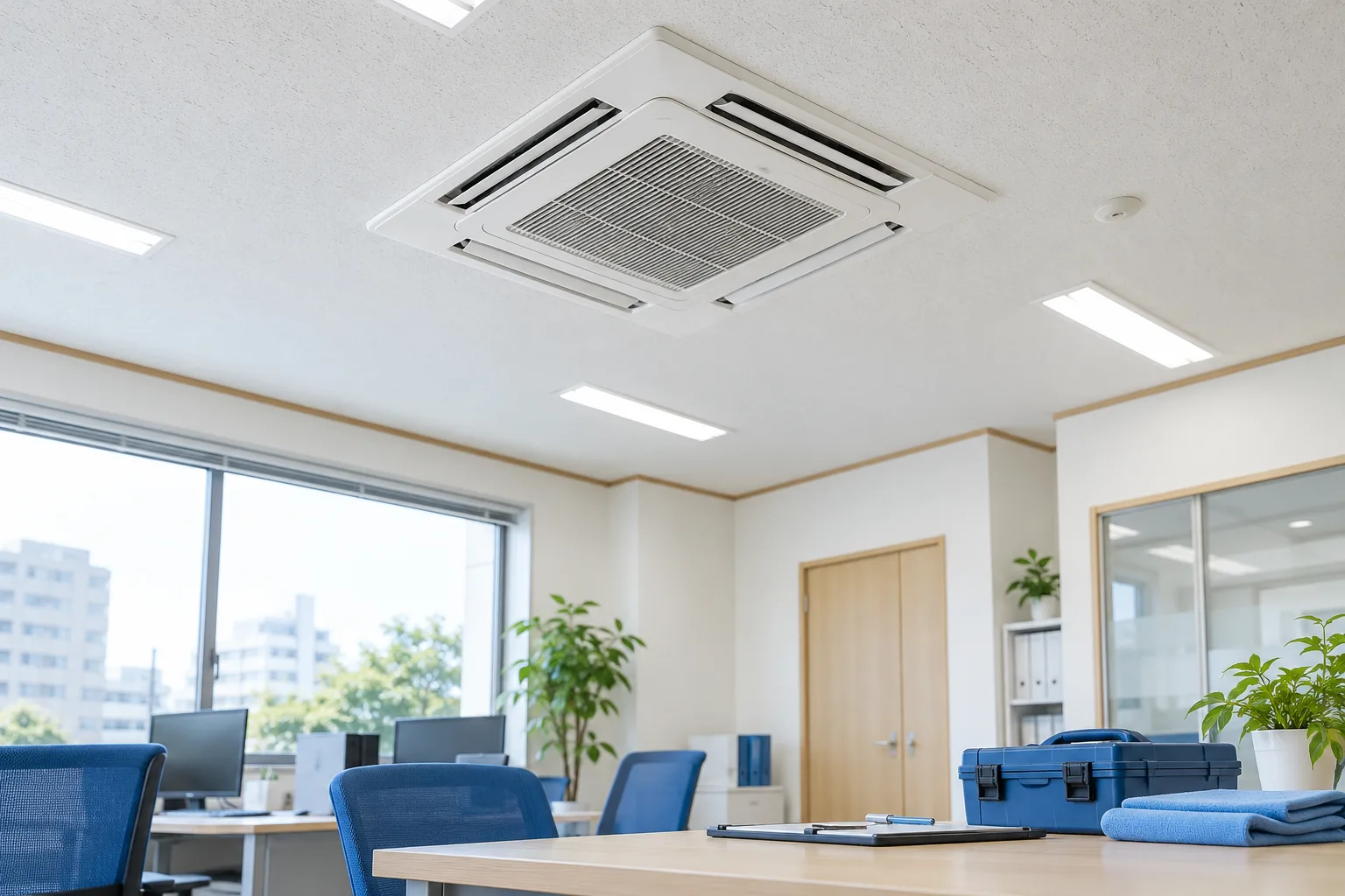 天井埋込型の業務用エアコンがあるオフィスのイメージ