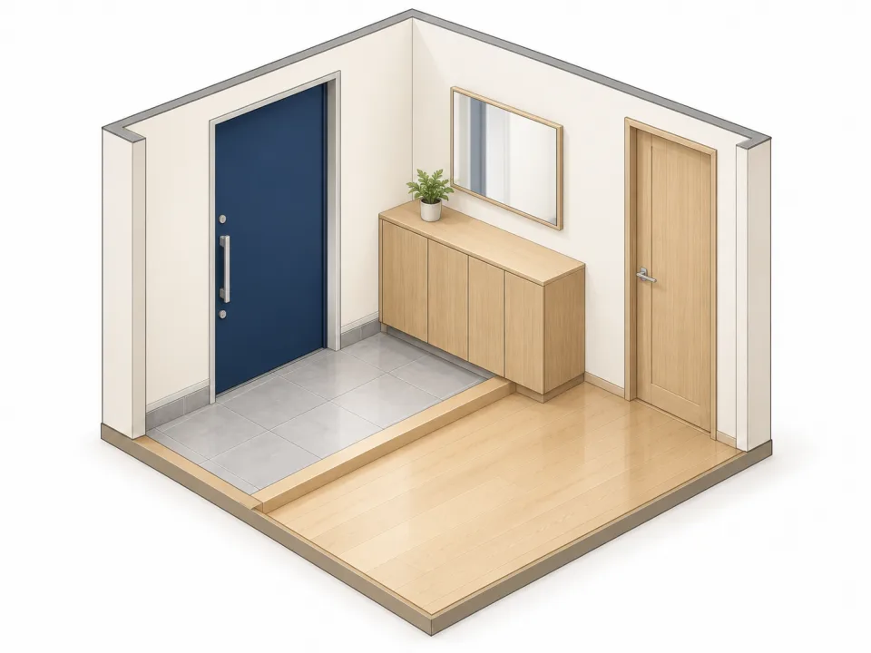 玄関ドア・靴収納と上がり框を描いた玄関の断面イラスト