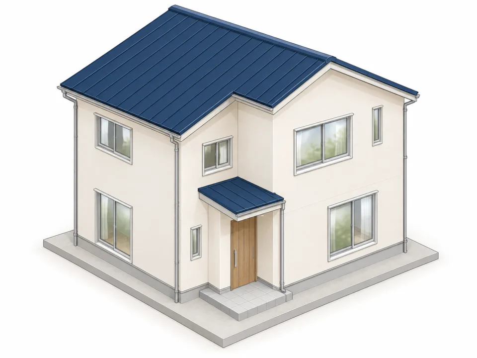 白い外壁と青い屋根を持つ二階建て住宅のイラスト