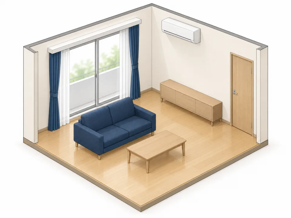 青いソファと木の床、白い壁を備えた居室の断面イラスト