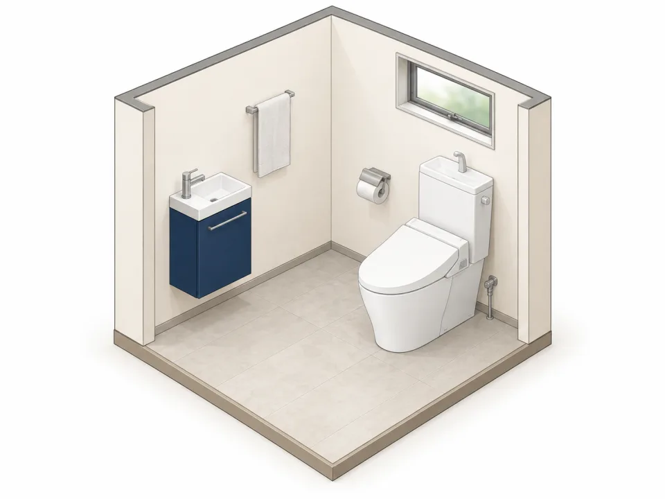 便器と手洗い器を備えたトイレの断面イラスト