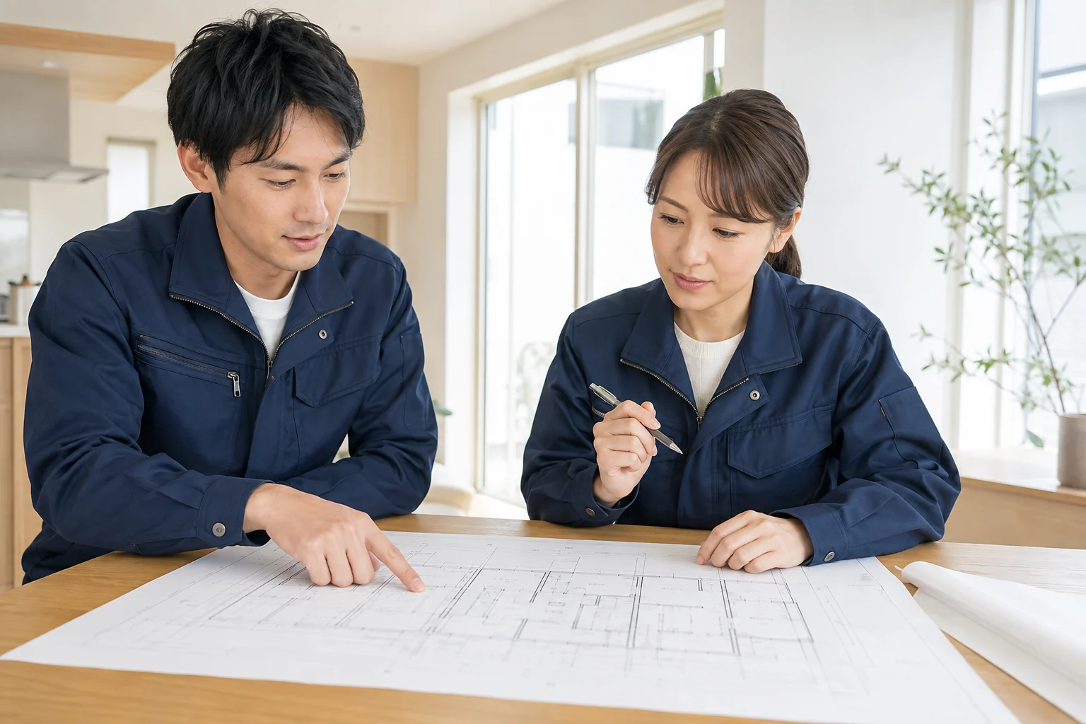 日本人の施工スタッフが図面を確認するイメージ