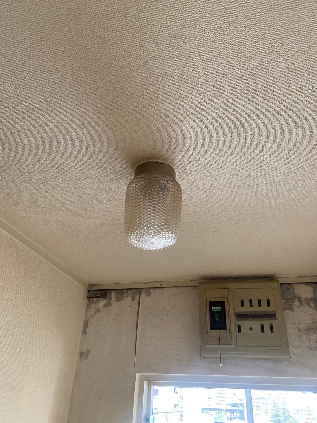分電盤のある入口付近。天井から張り出したカバー付き照明が設置されています。